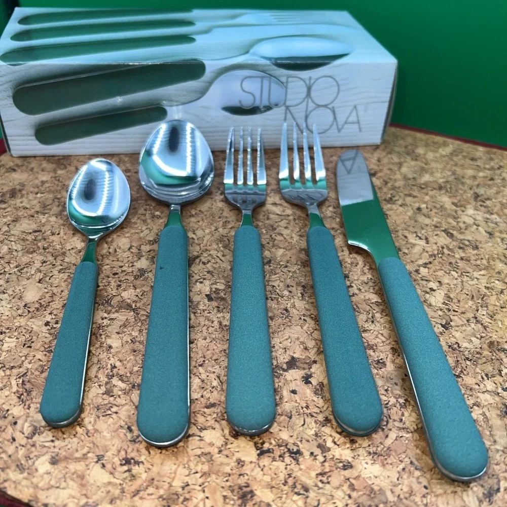 Vintage Studio Nova Flatware Silverware Forest Green Handles 5‎ Pieces For one
